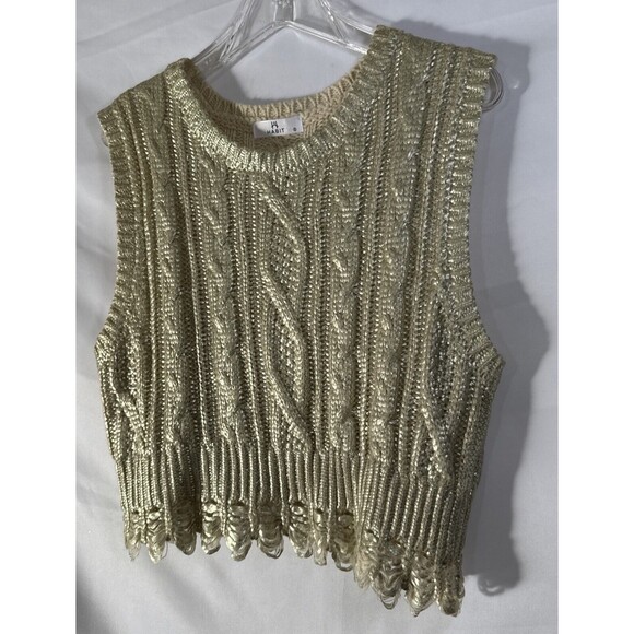 Gold Metallic Crop Tank Top knit Fringe Formal Elegant Women’s Size S Unique - Picture 5 of 11